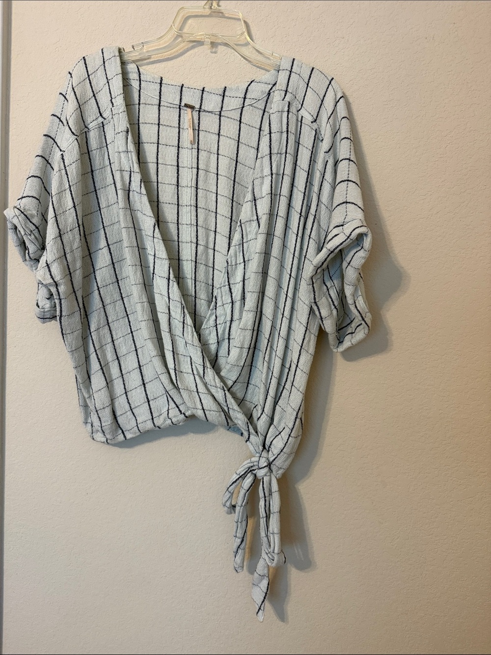 Free People Light blue and Navy Windowpane Tie-Front Blouse
